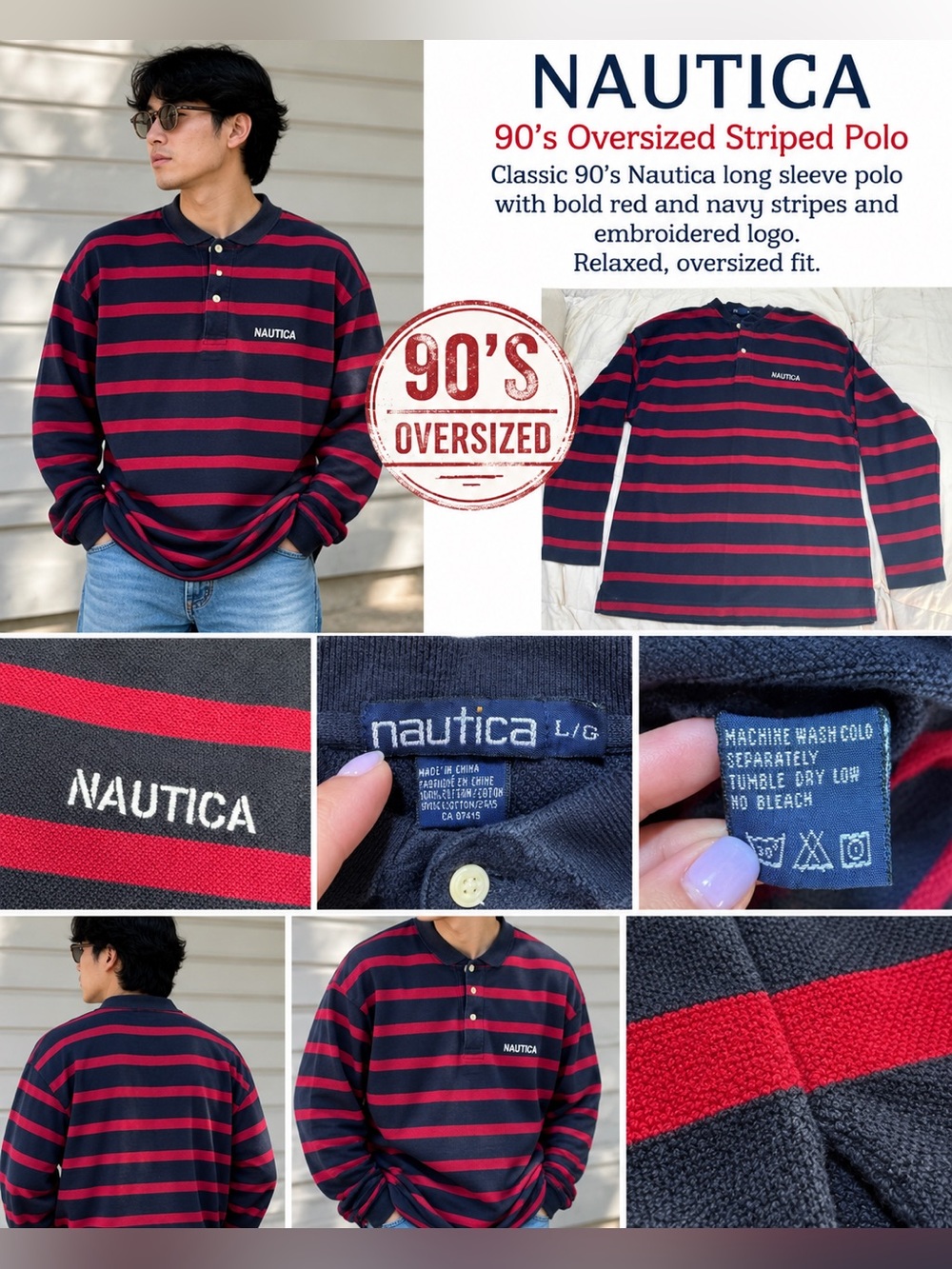 Nautica Men’s Red and Navy Striped 90s Oversized Polo - EUC - Not Faded